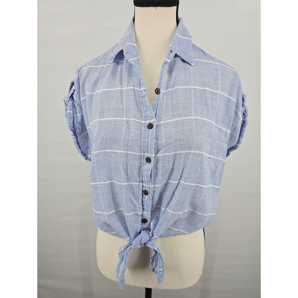 Love Notes Womens Blue White Plaid Tie Front Button Up Short Sleeve Shirt Size M